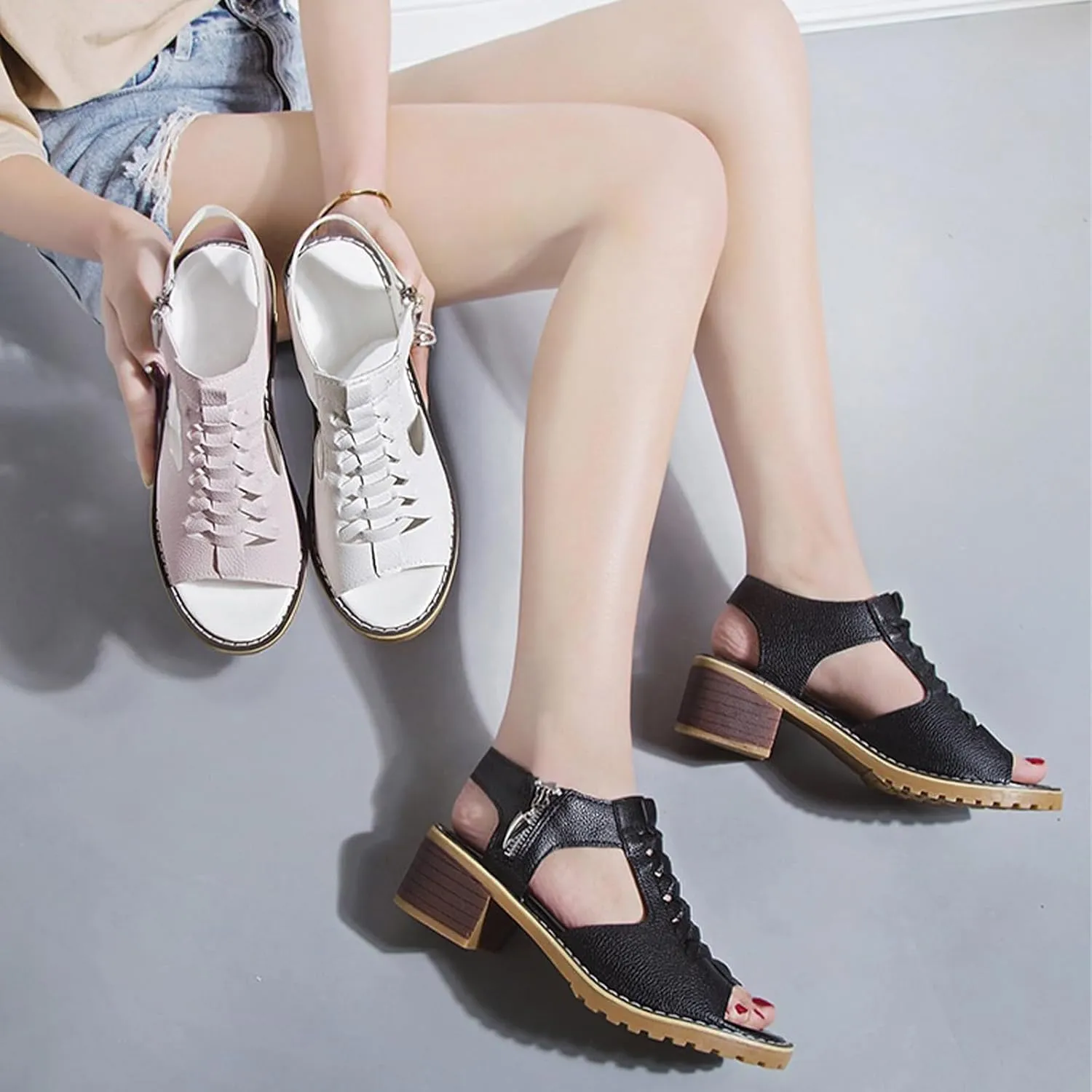 Funfany Womens Orthotic Sandals, Refreshing and Comfortable, Summer Side Zipper Thick Sole Wedge Shoes