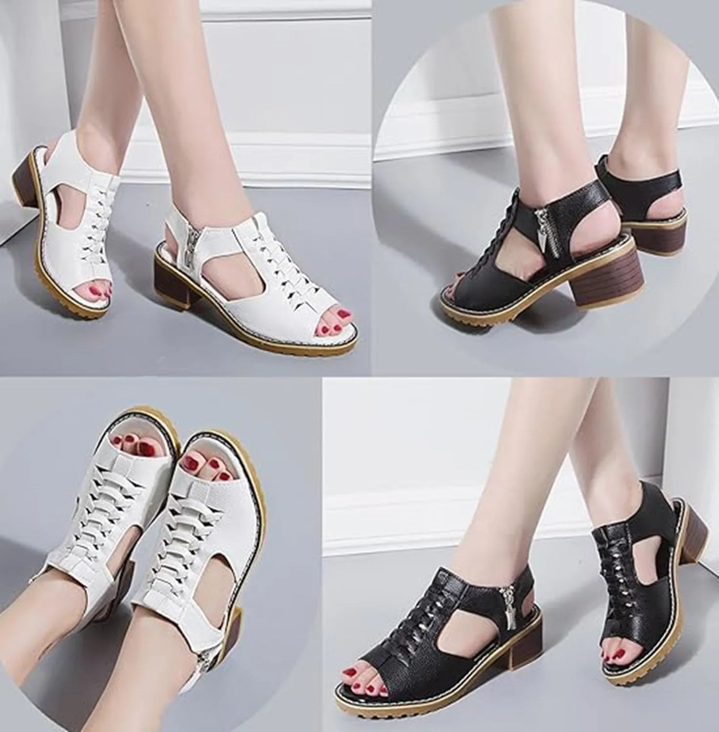 Funfany Women's Orthotic Sandals,Peep Toe Cutout Zipper Chunky Heeled Sandals,Ultra-Comfy Summer Shoes