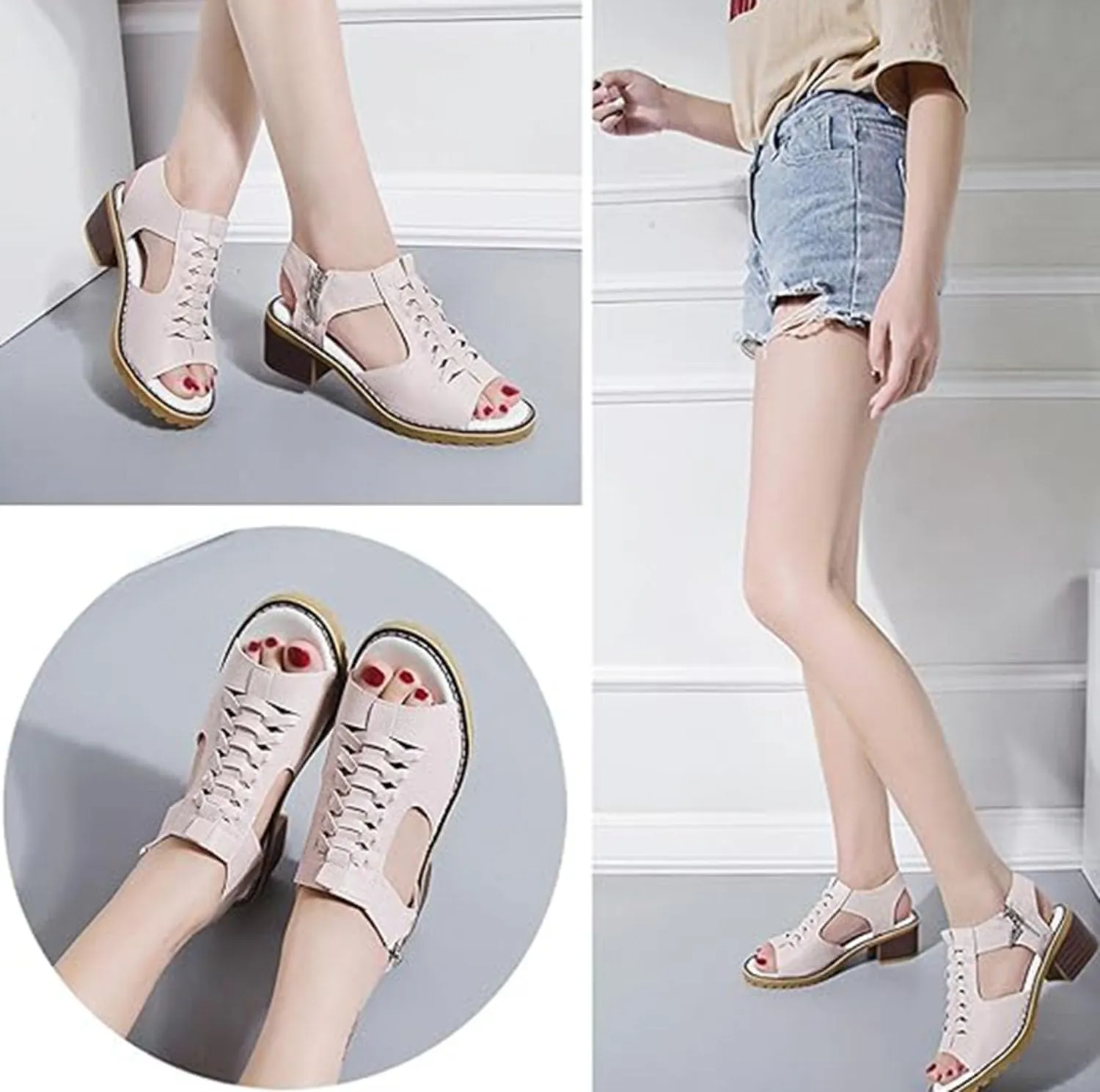 Funfany Women's Orthotic Sandals,Peep Toe Cutout Zipper Chunky Heeled Sandals,Ultra-Comfy Summer Shoes