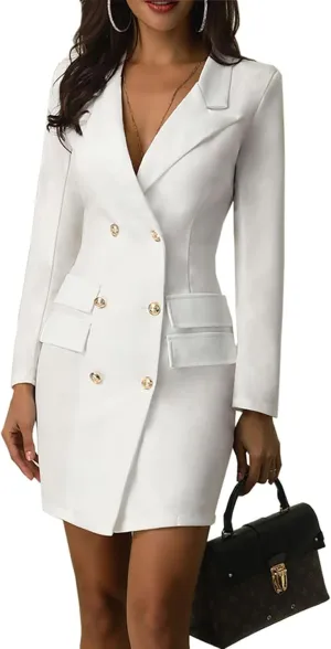 futurino Women Blazer Set Solid Color Long Sleeve Notch Lapel Double Breasted Button Blazer Dress with Pockets