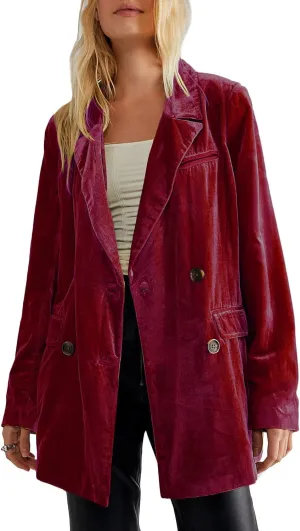 futurino Women's Solid Color Long Sleeve Velvet Jacket Open Front Casual Suit Cardigan Mid-Length Coat