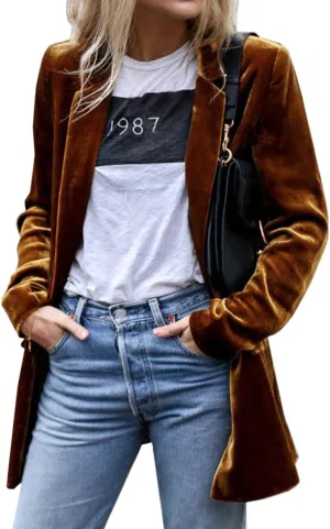 futurino Women's Solid Color Long Sleeve Velvet Jacket Open Front Casual Suit Cardigan Mid-Length Coat
