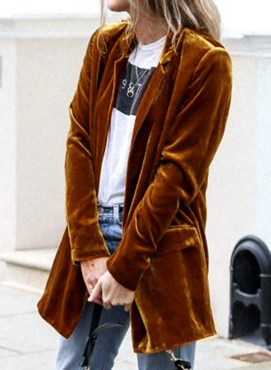 futurino Women's Solid Color Long Sleeve Velvet Jacket Open Front Casual Suit Cardigan Mid-Length Coat