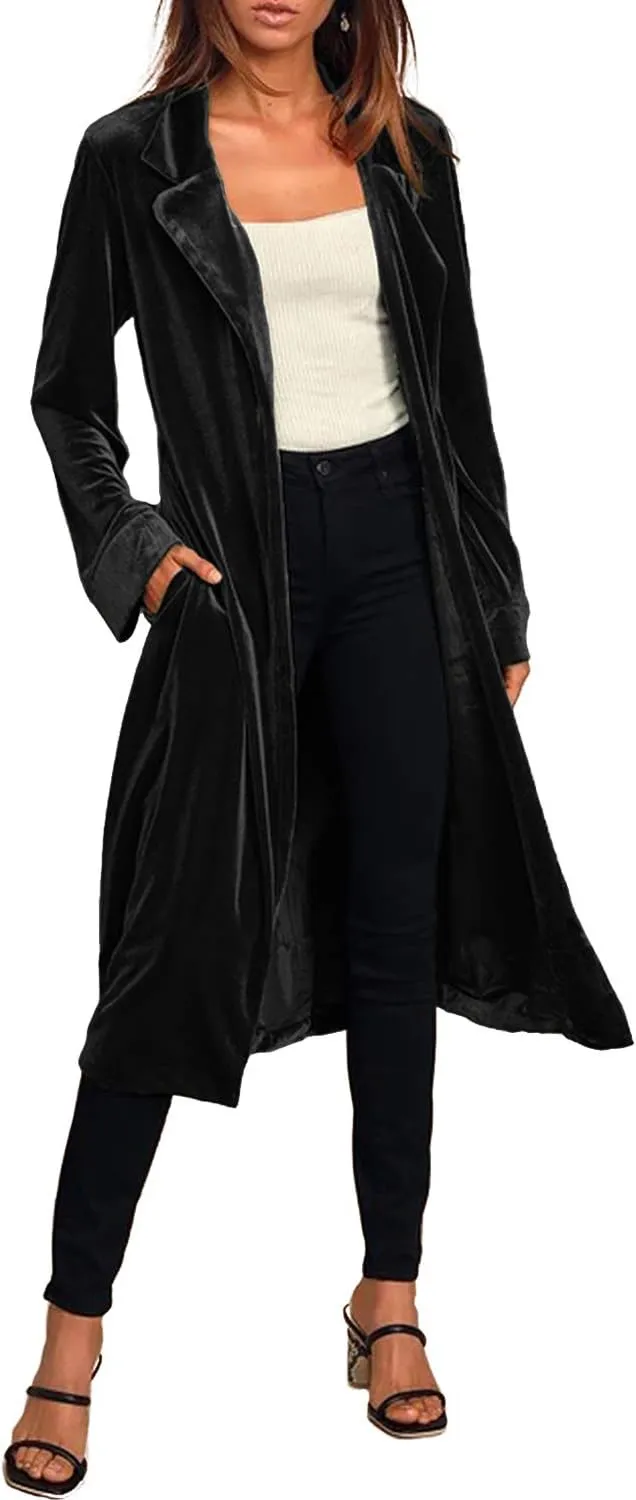 futurino Women's Solid Long Sleeve Velvet Jacket Open Front Cardigan Coat with Pockets Outerwear