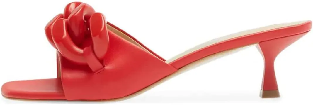 FYS Women Chain Square Open Toe Slip On Mules Low Kitten Heel Strappy Slide Sandals Summer Holiday Parety Dtress Shoes Size 4-15 US
