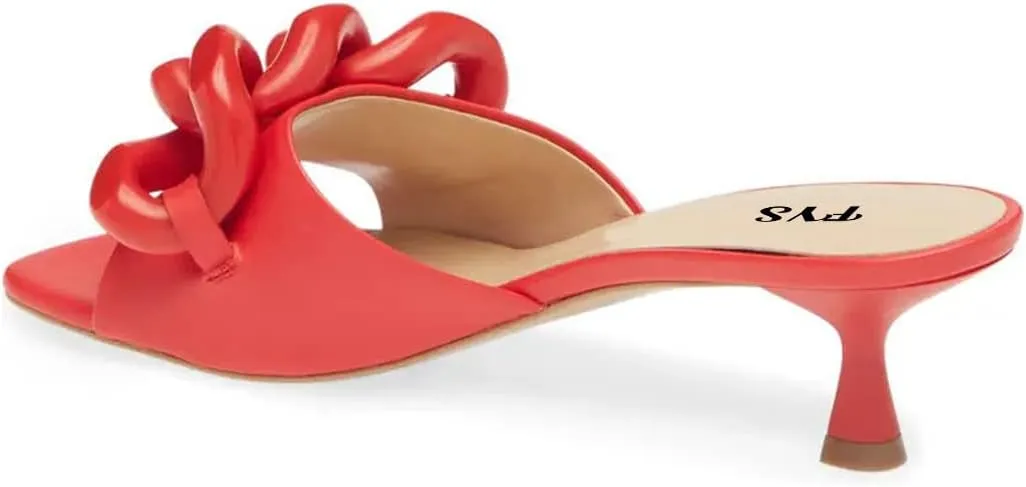 FYS Women Chain Square Open Toe Slip On Mules Low Kitten Heel Strappy Slide Sandals Summer Holiday Parety Dtress Shoes Size 4-15 US