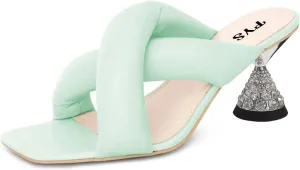 FYS Women Comfortable Cross Strap Rhinestone Kitten Heel Mules Square Open Toe Slip On Sandals Slides Slippers Summer Dress Party Prom Backless Shoes Size 4-15 US