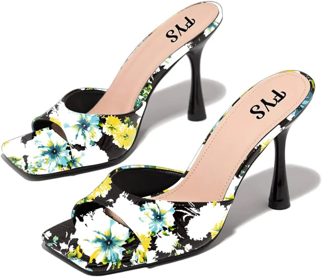 FYS Women Comfy Square Open Toe Mules Stiletto High Heeled Sandals Slip on Slide Summer Beach Dress Shoes Size 4-15 US