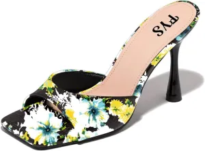 FYS Women Comfy Square Open Toe Mules Stiletto High Heeled Sandals Slip on Slide Summer Beach Dress Shoes Size 4-15 US