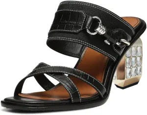 FYS Women Open Toe Cross Strap Mules Rhinestones Block Metal Heels Chain Slip on Slide Sandals Dress Party Prom Fashion Shoes Size 4-15 US