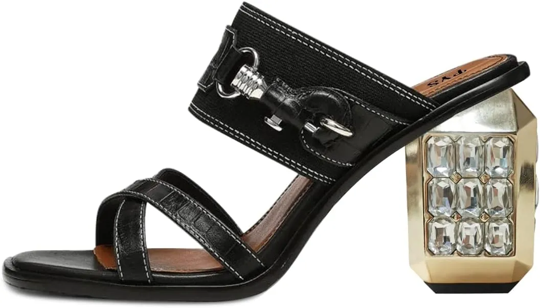 FYS Women Open Toe Cross Strap Mules Rhinestones Block Metal Heels Chain Slip on Slide Sandals Dress Party Prom Fashion Shoes Size 4-15 US