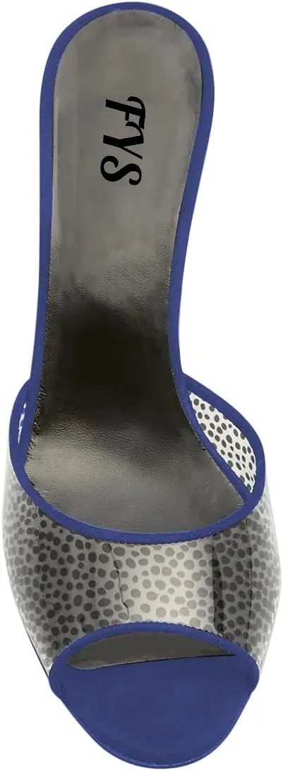 FYS Women Peep Open Toe Mid Heel Mules Crystal Heels Slide Dress Sandals Slip on Polka Dots Transparent Dress Party Summer Shoes Size 4-15 US