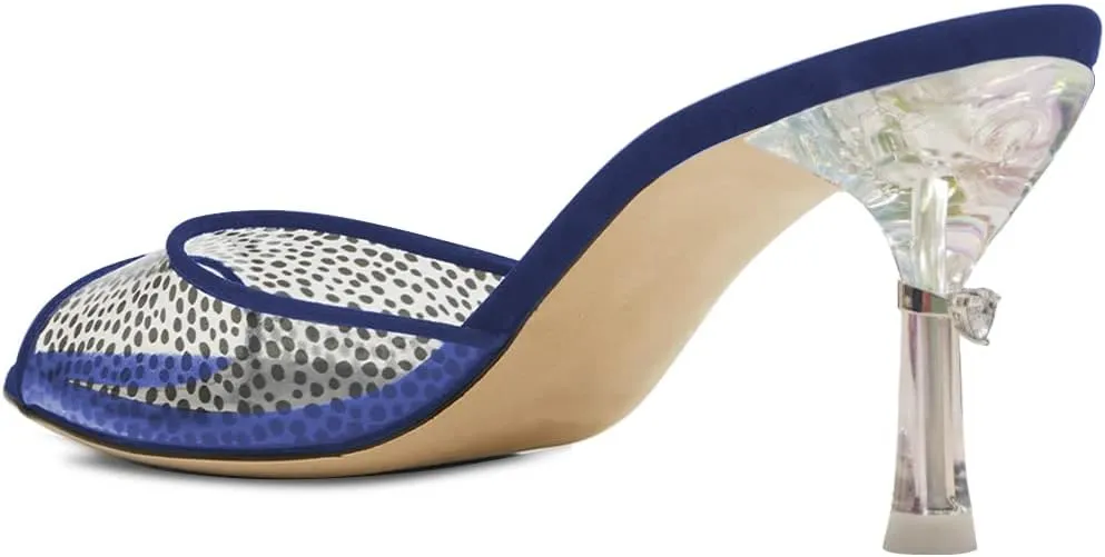 FYS Women Peep Open Toe Mid Heel Mules Crystal Heels Slide Dress Sandals Slip on Polka Dots Transparent Dress Party Summer Shoes Size 4-15 US