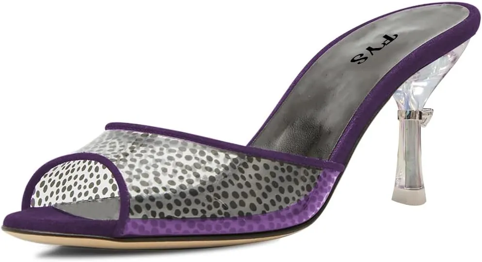 FYS Women Peep Open Toe Mid Heel Mules Crystal Heels Slide Dress Sandals Slip on Polka Dots Transparent Dress Party Summer Shoes Size 4-15 US