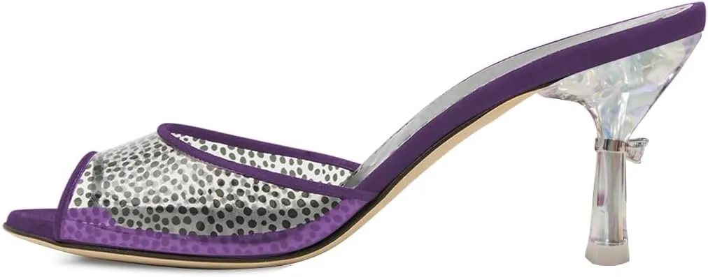 FYS Women Peep Open Toe Mid Heel Mules Crystal Heels Slide Dress Sandals Slip on Polka Dots Transparent Dress Party Summer Shoes Size 4-15 US