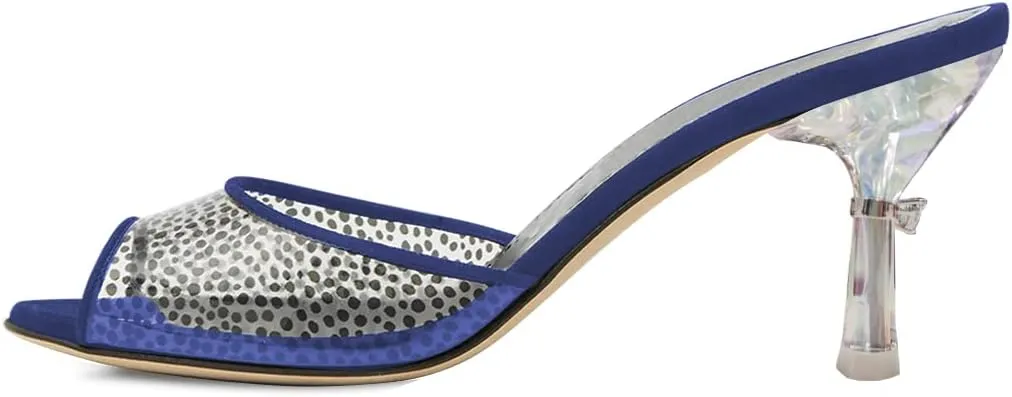 FYS Women Peep Open Toe Mid Heel Mules Crystal Heels Slide Dress Sandals Slip on Polka Dots Transparent Dress Party Summer Shoes Size 4-15 US