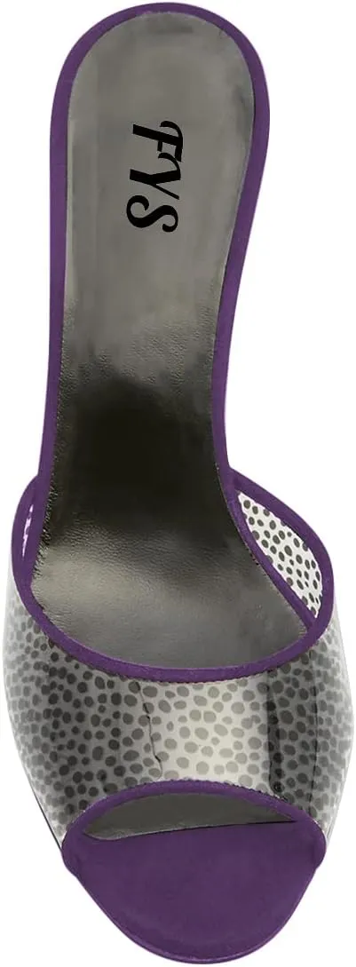FYS Women Peep Open Toe Mid Heel Mules Crystal Heels Slide Dress Sandals Slip on Polka Dots Transparent Dress Party Summer Shoes Size 4-15 US