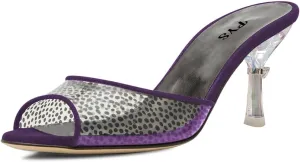 FYS Women Peep Open Toe Mid Heel Mules Crystal Heels Slide Dress Sandals Slip on Polka Dots Transparent Dress Party Summer Shoes Size 4-15 US