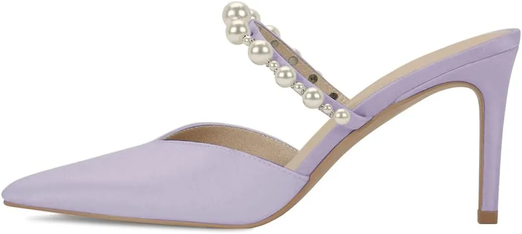 FYS Women Pointed Toe Pearl Strap Mules Slip on Stiletto High Heels Dressy Summer Inddor Outddor Shoes Size 4-15 US