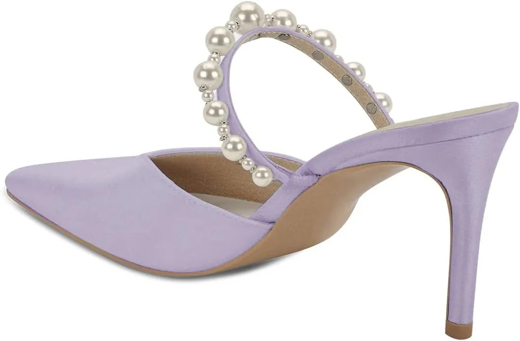 FYS Women Pointed Toe Pearl Strap Mules Slip on Stiletto High Heels Dressy Summer Inddor Outddor Shoes Size 4-15 US