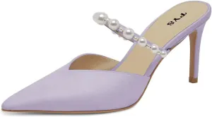 FYS Women Pointed Toe Pearl Strap Mules Slip on Stiletto High Heels Dressy Summer Inddor Outddor Shoes Size 4-15 US