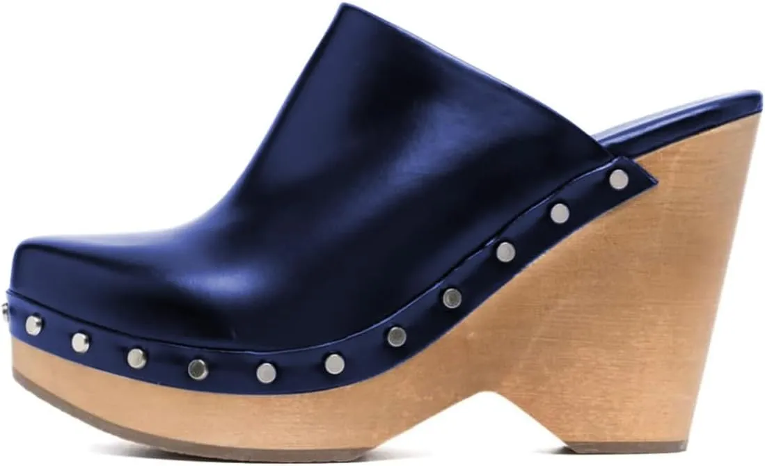 FYS Women Round Toe Slip on Mules Rivet Studded High Heel Wedges Fashion Party Dressy Shoes Size 4-16 US