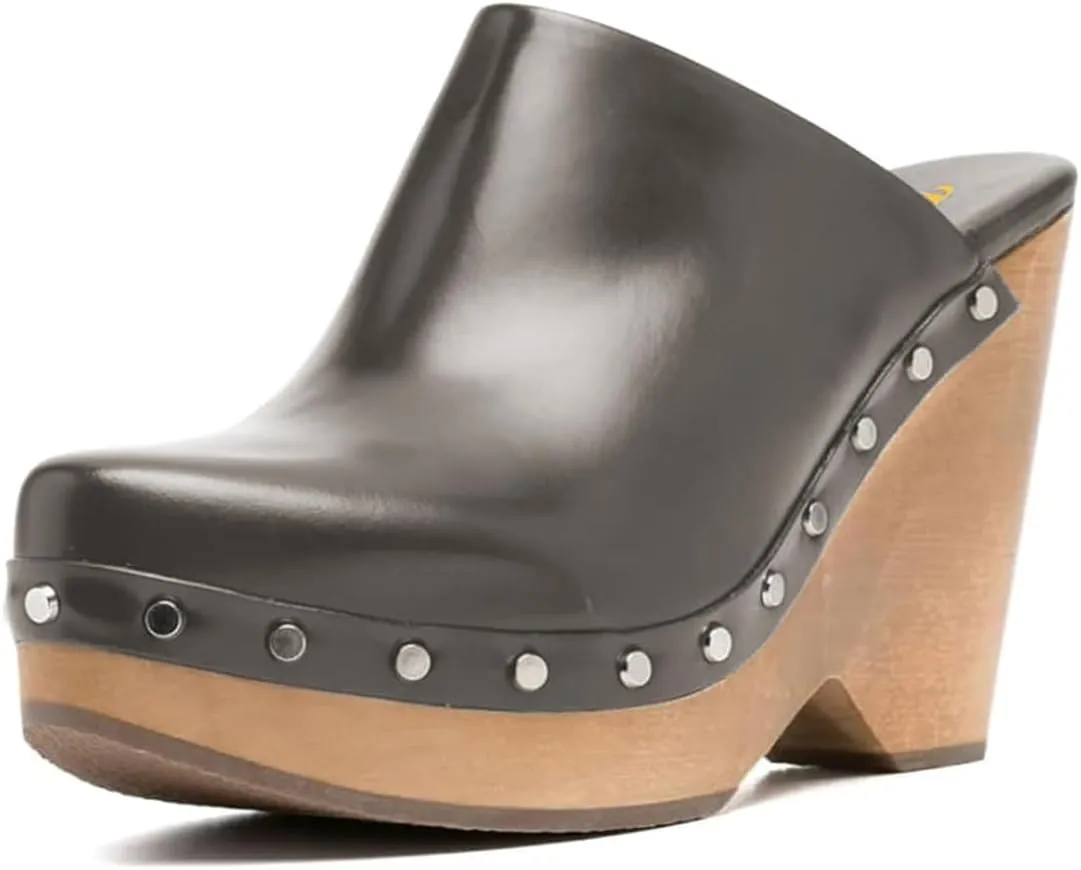 FYS Women Round Toe Slip on Mules Rivet Studded High Heel Wedges Fashion Party Dressy Shoes Size 4-16 US