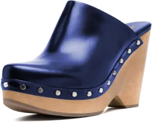 FYS Women Round Toe Slip on Mules Rivet Studded High Heel Wedges Fashion Party Dressy Shoes Size 4-16 US