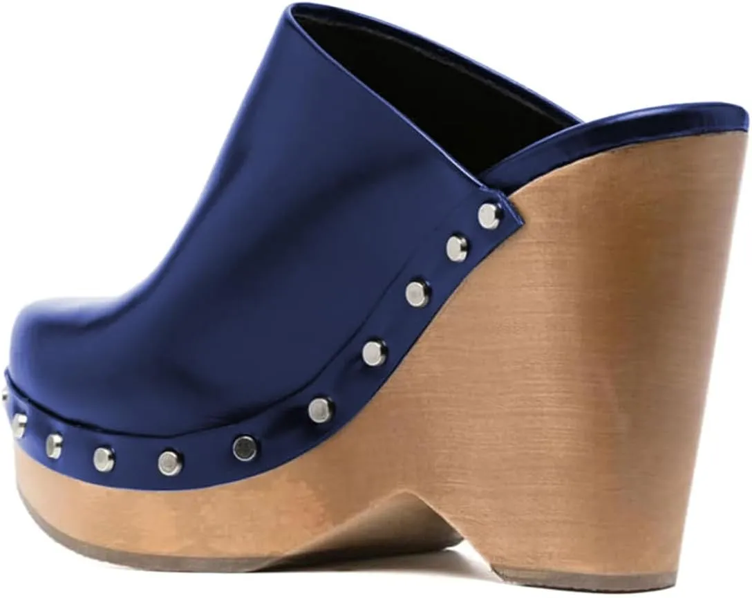 FYS Women Round Toe Slip on Mules Rivet Studded High Heel Wedges Fashion Party Dressy Shoes Size 4-16 US