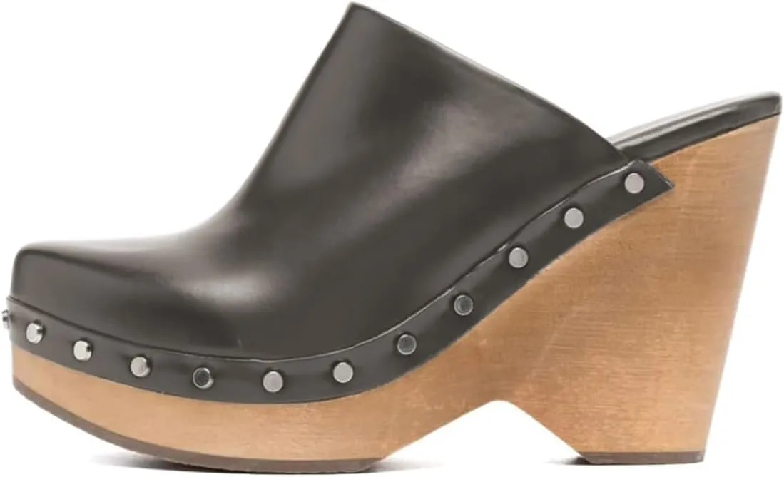 FYS Women Round Toe Slip on Mules Rivet Studded High Heel Wedges Fashion Party Dressy Shoes Size 4-16 US