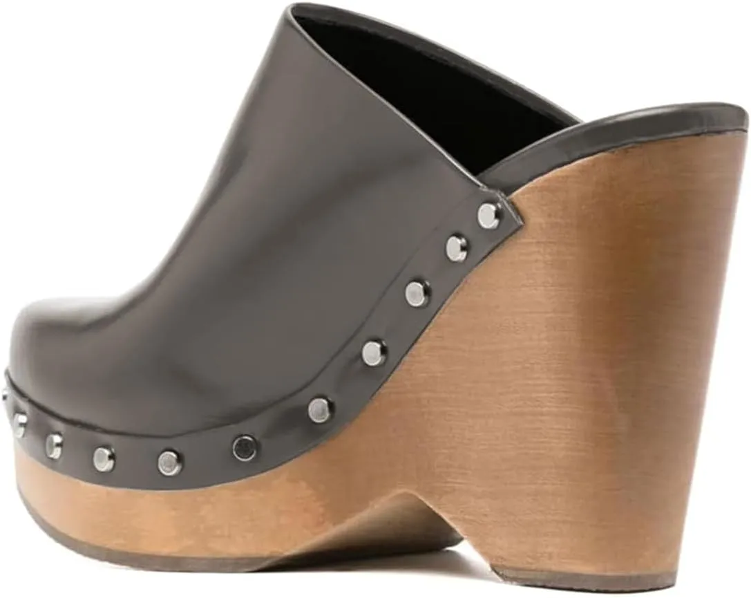 FYS Women Round Toe Slip on Mules Rivet Studded High Heel Wedges Fashion Party Dressy Shoes Size 4-16 US