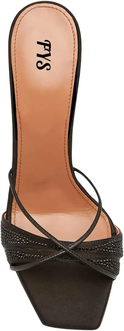 FYS Women Square Open Toe Gold Metal Heel Mules Cross Strap Sandals Slide Sandals Crystal Satin Dress Party Prom Shoes Size 4-15 US