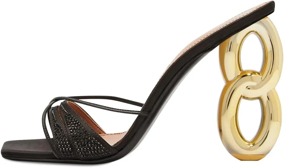 FYS Women Square Open Toe Gold Metal Heel Mules Cross Strap Sandals Slide Sandals Crystal Satin Dress Party Prom Shoes Size 4-15 US