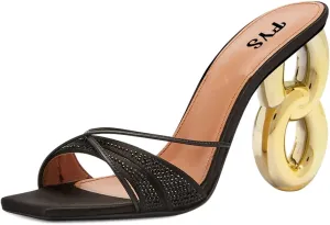 FYS Women Square Open Toe Gold Metal Heel Mules Cross Strap Sandals Slide Sandals Crystal Satin Dress Party Prom Shoes Size 4-15 US