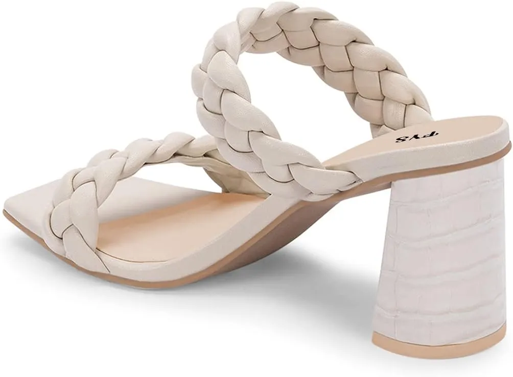 FYS Women Square Open Toe Mules Slip on Chunky High Heel Sandals Braid Cuchsioned Cool Summer Outdoor Indoor Shoes Size 4-15 US