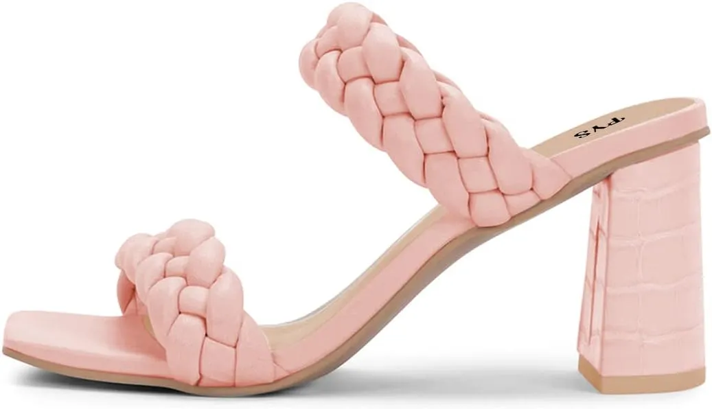 FYS Women Square Open Toe Mules Slip on Chunky High Heel Sandals Braid Cuchsioned Cool Summer Outdoor Indoor Shoes Size 4-15 US