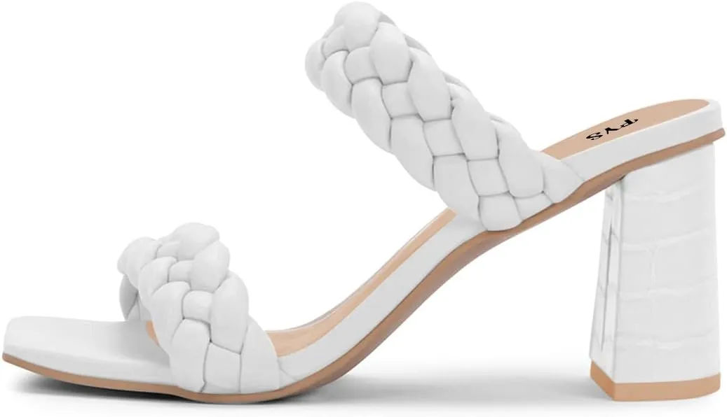 FYS Women Square Open Toe Mules Slip on Chunky High Heel Sandals Braid Cuchsioned Cool Summer Outdoor Indoor Shoes Size 4-15 US