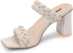 FYS Women Square Open Toe Mules Slip on Chunky High Heel Sandals Braid Cuchsioned Cool Summer Outdoor Indoor Shoes Size 4-15 US