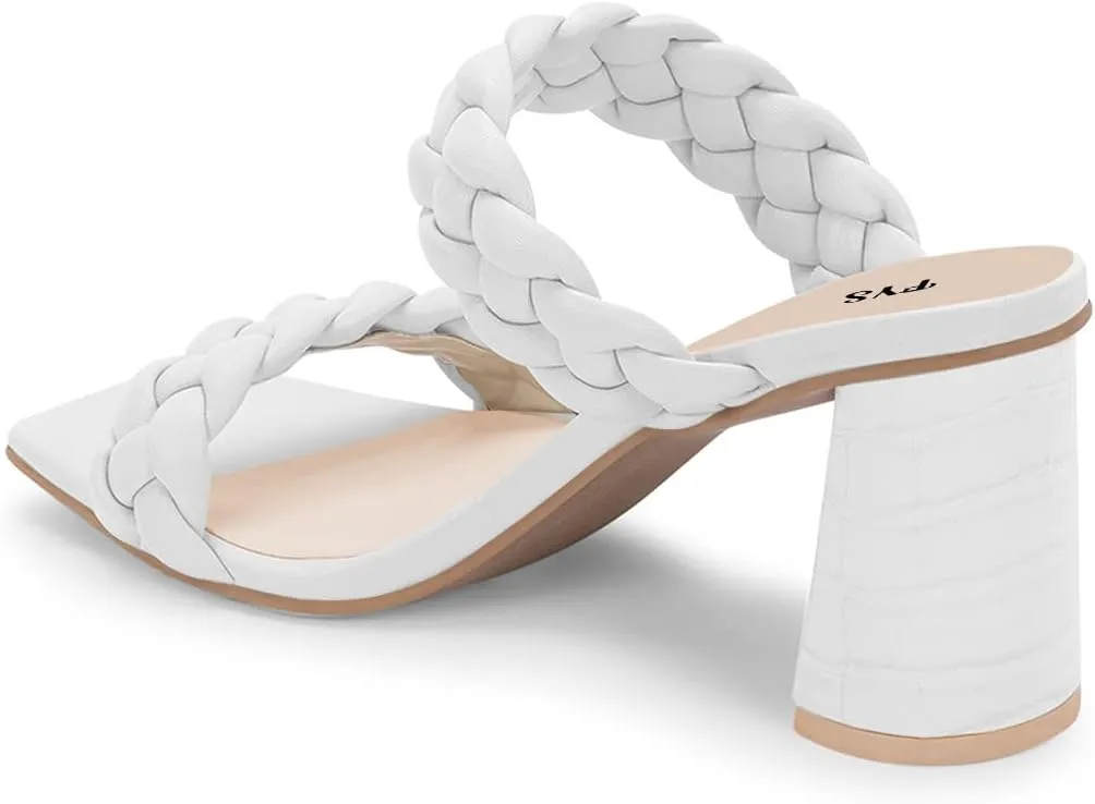 FYS Women Square Open Toe Mules Slip on Chunky High Heel Sandals Braid Cuchsioned Cool Summer Outdoor Indoor Shoes Size 4-15 US