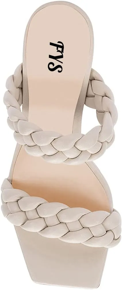 FYS Women Square Open Toe Mules Slip on Chunky High Heel Sandals Braid Cuchsioned Cool Summer Outdoor Indoor Shoes Size 4-15 US