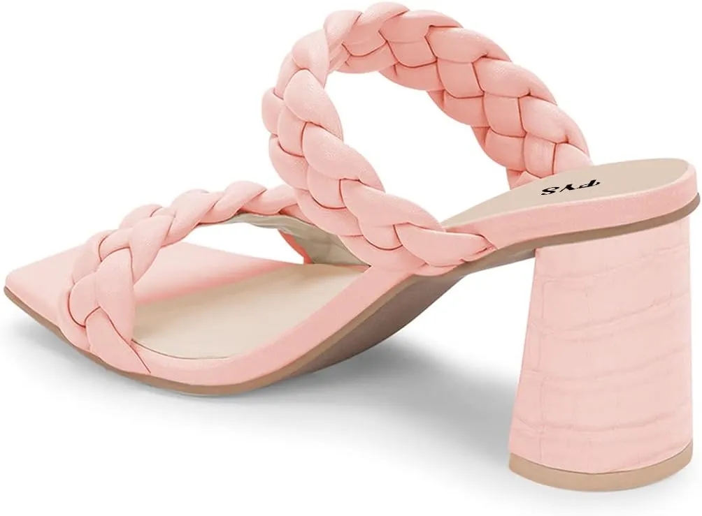 FYS Women Square Open Toe Mules Slip on Chunky High Heel Sandals Braid Cuchsioned Cool Summer Outdoor Indoor Shoes Size 4-15 US