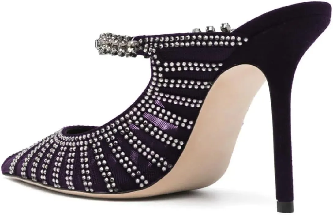 FYS Women's Pointed Toe Slip on Mules Rhinestone Studded Stiletto High Heel Sandals Shining Sexy Party Evening Shoes Size 4-16 US