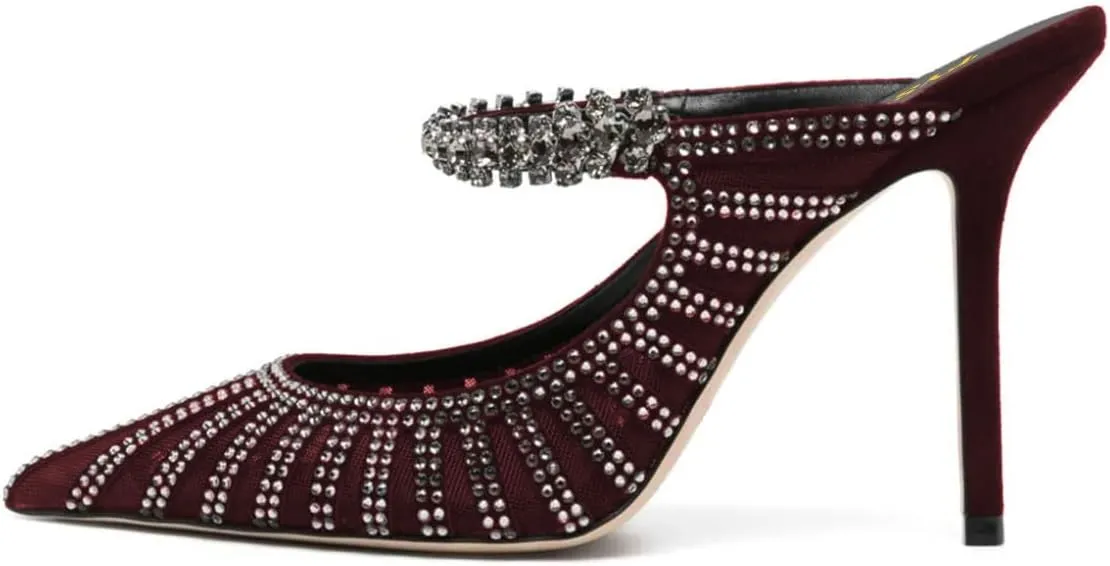 FYS Women's Pointed Toe Slip on Mules Rhinestone Studded Stiletto High Heel Sandals Shining Sexy Party Evening Shoes Size 4-16 US