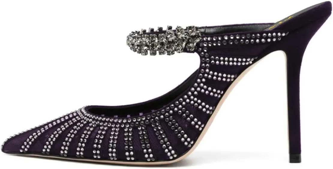 FYS Women's Pointed Toe Slip on Mules Rhinestone Studded Stiletto High Heel Sandals Shining Sexy Party Evening Shoes Size 4-16 US