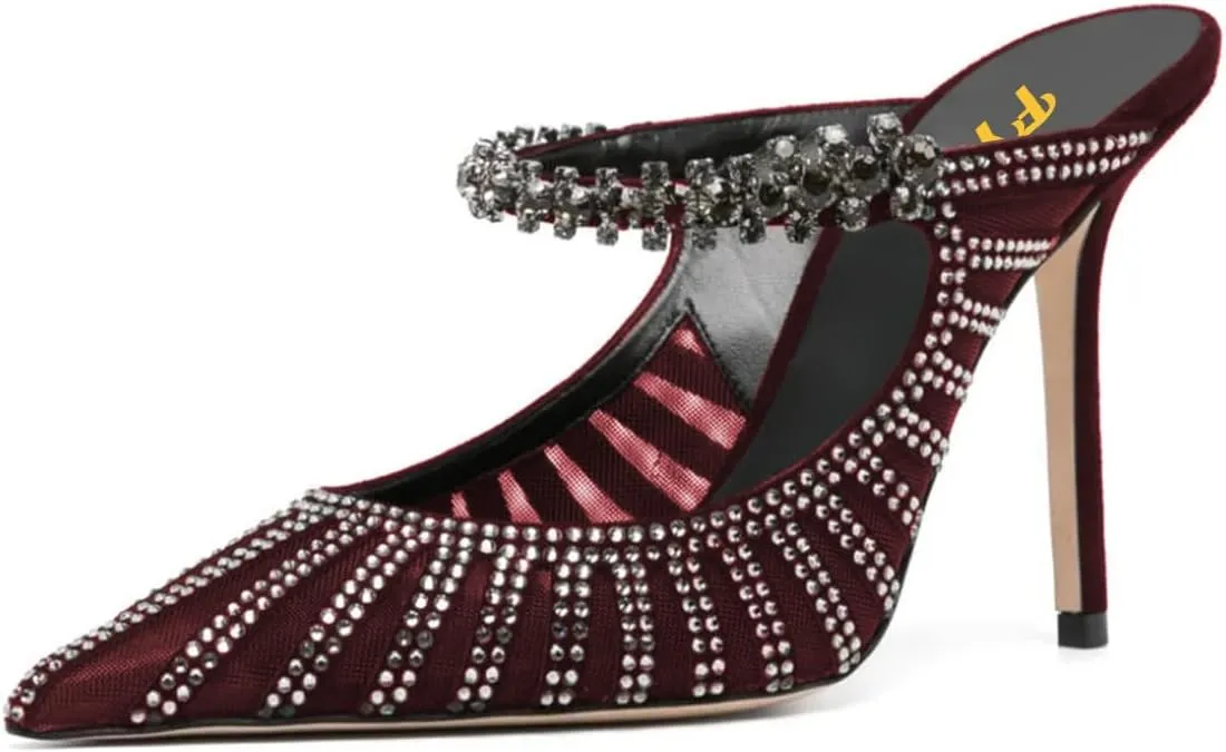 FYS Women's Pointed Toe Slip on Mules Rhinestone Studded Stiletto High Heel Sandals Shining Sexy Party Evening Shoes Size 4-16 US