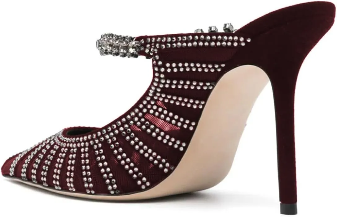 FYS Women's Pointed Toe Slip on Mules Rhinestone Studded Stiletto High Heel Sandals Shining Sexy Party Evening Shoes Size 4-16 US