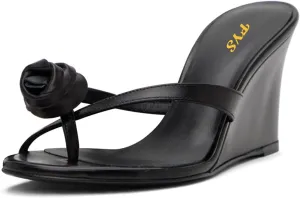FYS Women's Round Split Toe Mules Flower Slip on Wedge High Heels Fashion Indoor Outdoor Casual Street Shoes Size 4-16 US
