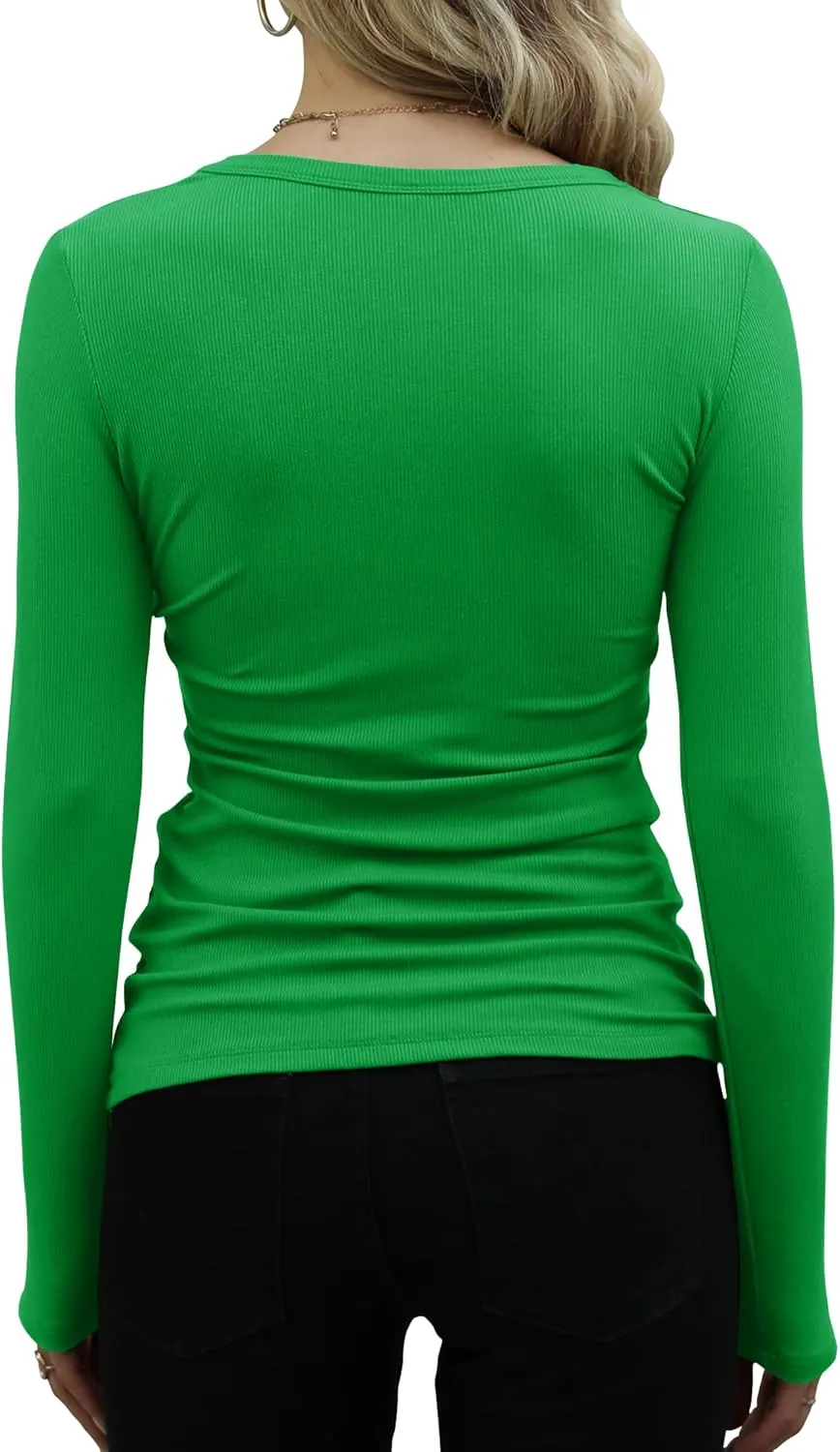GEMBERA Womens Ribbed Long Sleeve Crewneck Casual Slim Basic Shirts Fitted Knit Tops