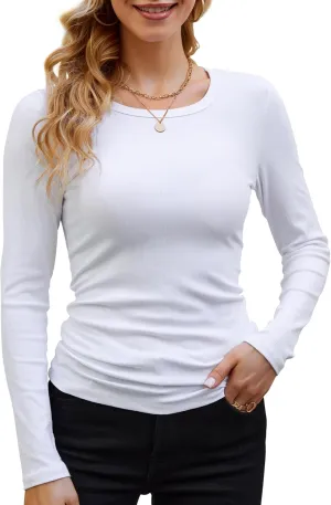 GEMBERA Womens Ribbed Long Sleeve Crewneck Casual Slim Basic Shirts Fitted Knit Tops