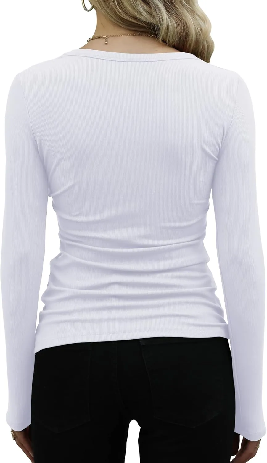 GEMBERA Womens Ribbed Long Sleeve Crewneck Casual Slim Basic Shirts Fitted Knit Tops